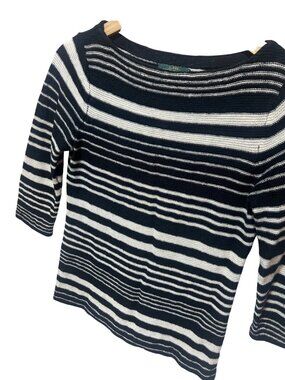 Lauren Jean Company Petite Striped Knit Black & White Linen Blend 3/4 Sleeve Swe